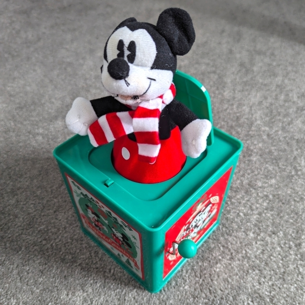 Christmas Holiday Disney Mickey Mouse Retro Tin Jack in the Box Musical Toy